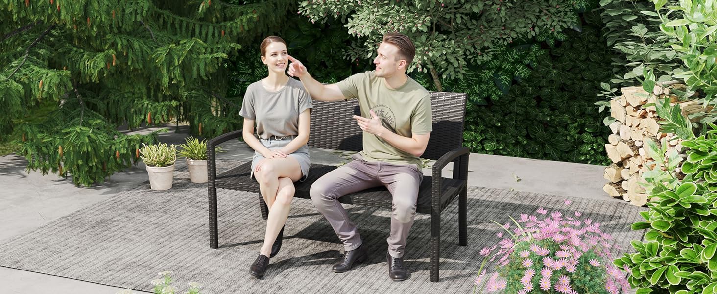 Садова лавка Udpatiо з ротангу для тераси, балкона та саду, чорна 123x63x86 см, витримує до 320 кг