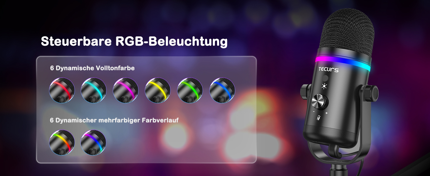 TECURS Мікрофон USB для ігор з RGB підсвічуванням, шумозаглушенням та студійним звуком – для стрімінгу, подкастів, PC, Mac, PS4, консолі, чорний