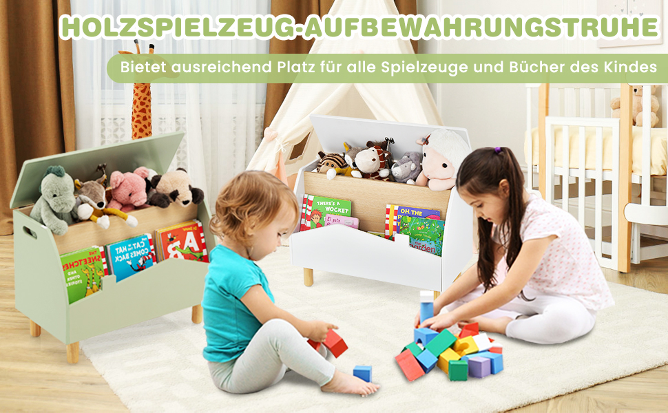 COSTWAY Скринька для іграшок з полицею, дерев'яна іграшковий ящик з кришкою, комод для іграшок, органайзер для дитячої кімнати, 60x30x44 см (Білий)