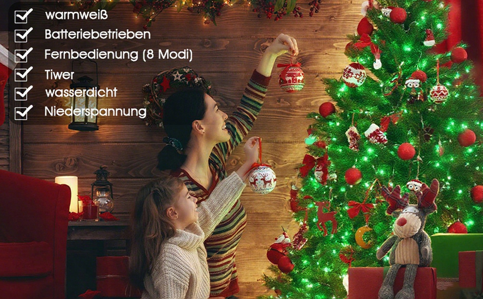 Гірлянда світлодіодна на батарейках, 100 LED, 10м, 8 режимів, пульт дистанційного керування, таймер, тепле біле світло, диммування, вологостійка, 4 зелені гірлянди