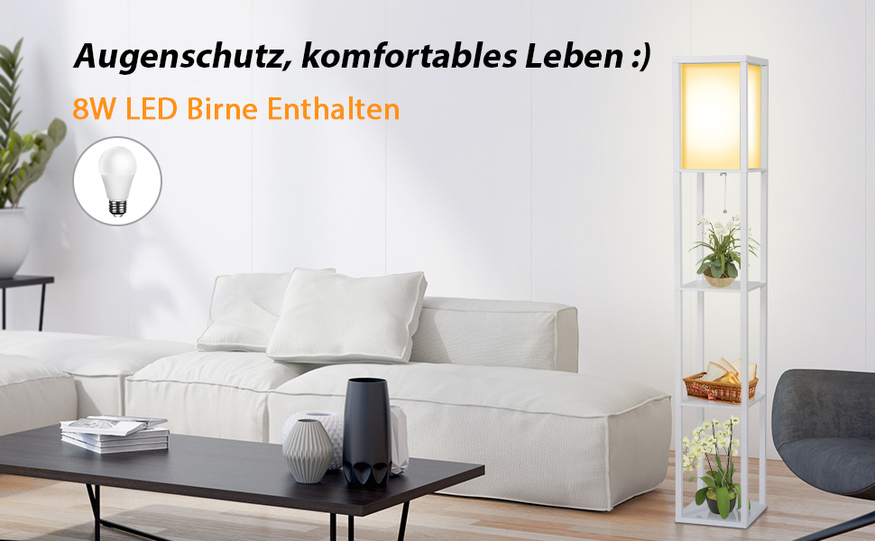 Торшер Fullwatt з дерев'яною полицею та внутрішньою підсвіткою для спальні та вітальні (білий, з лампочкою)