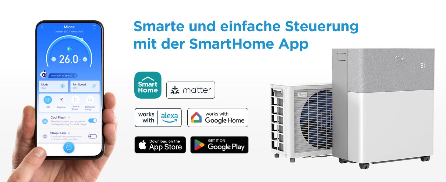 Мобільний кондиціонер Midea PortaSplit-E 12000 BTU (3.5 кВт), охолодження A++/обігрів A+, персиковий, до 42 м² - тихий режим 39 дБ