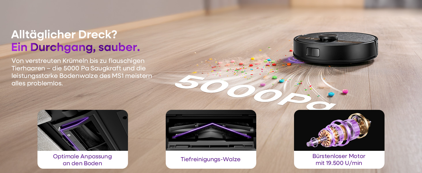 Робот-пилосос MONSGA з функцією миття, 5000Pa, час роботи 180 хв, система захисту від ковтунів, LiDAR навігація, для килимів та шерсті тварин, керування через додаток та пульт (чорний)