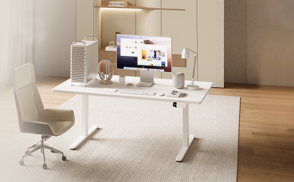 Регульований стіл 140x80 см з USB-C зарядкою, органайзером для кабелів та функцією пам'яті, білий