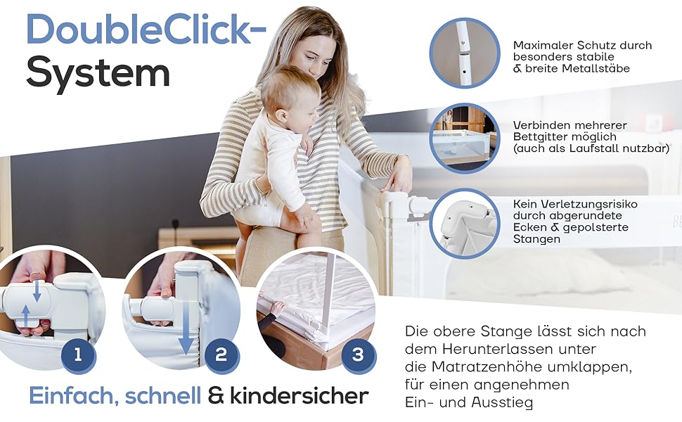 Захисний бортик для ліжка BEANBUDS® 200 см, бежевий - захист від випадання для дитячого та батьківського ліжка, з ременями для кріплення (1 сторона)