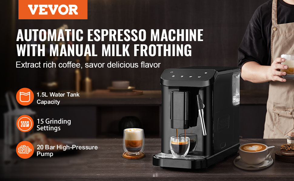 Автоматична кавомашина VEVOR CM9002EA-GS з вбудованою кавомолкою, 15 ступенів помолу, 1,5 л резервуар для води, 180 г контейнер для кавових зерен