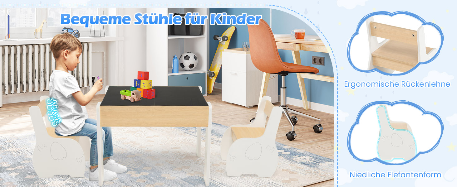 Дерев'яний дитячий стіл з 2 стільцями DREAMADE, 3 шт. Дитяча меблева група з двостороннім столом та місцем для зберігання, набір меблів для дітей, для хлопчиків та дівчаток (білий)