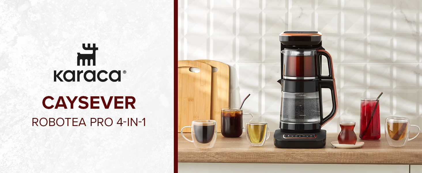 Чайоварка-робот Karaca Çaysever Pro 4-в-1: чайник, кавоварка, фільтр-кавоварка, 2500W, чорний & хром, з індикатором свіжості та голосовими підказками (великий, хром)