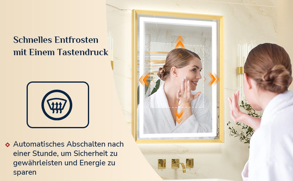 Дзеркало для ванної кімнати Keonjinn з підсвічуванням, 50x70 см, золотий металевий каркас, LED, сенсорне управління, 3 кольори світла, диммування, без запотівання, пам'ять налаштувань