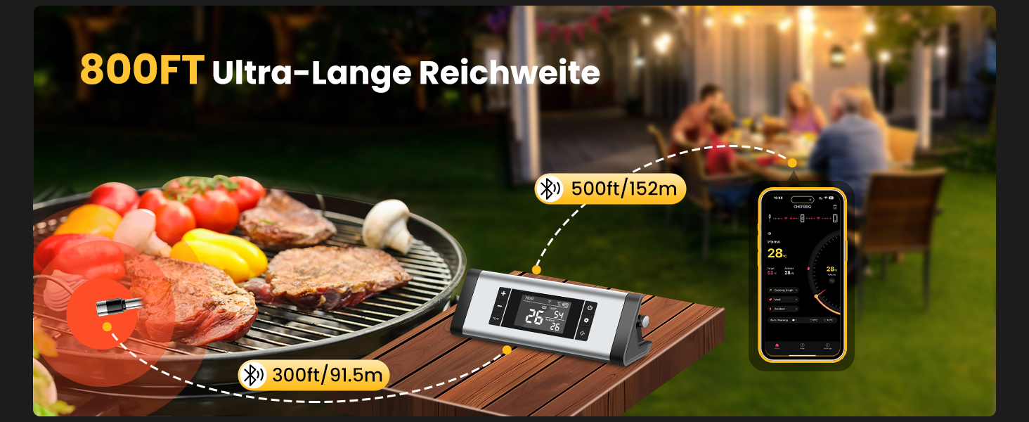 Бездротовий термометр для м'яса з Bluetooth, дальність до 240м, керування через додаток, до 24 години роботи, IP67, стійкий до миття в посудомийній машині та олії - для гриля, коптильні, ротатерія, духовки, фритюрниці