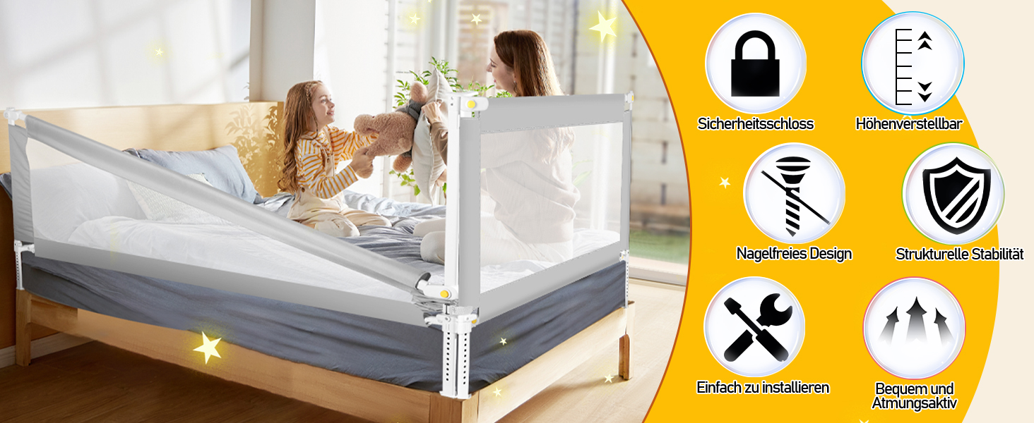 Бортики для ліжка дитячі Ikodm 2x200 см + 1x180 см, регульовані по висоті (64-96 см), сірі, з U-подібними ніжками, захист від випадання