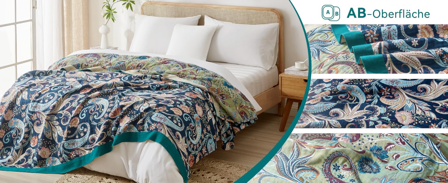 Преміум плед Bailix Boho з 100% бавовни, двостороння муслінова ковдра 200x230 см для дивана та ліжка, декоративна patchwork ковдра в стилі бохо, колір Indigo-traum
