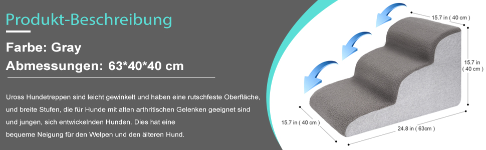 Сходи для собак Uross для маленьких собак, 3-ступінчасті сходи для собак, пандуси для ліжка і дивана, сходи з пінопласту високої щільності, що миються сходи для домашніх тварин для собак і кішок-сірий