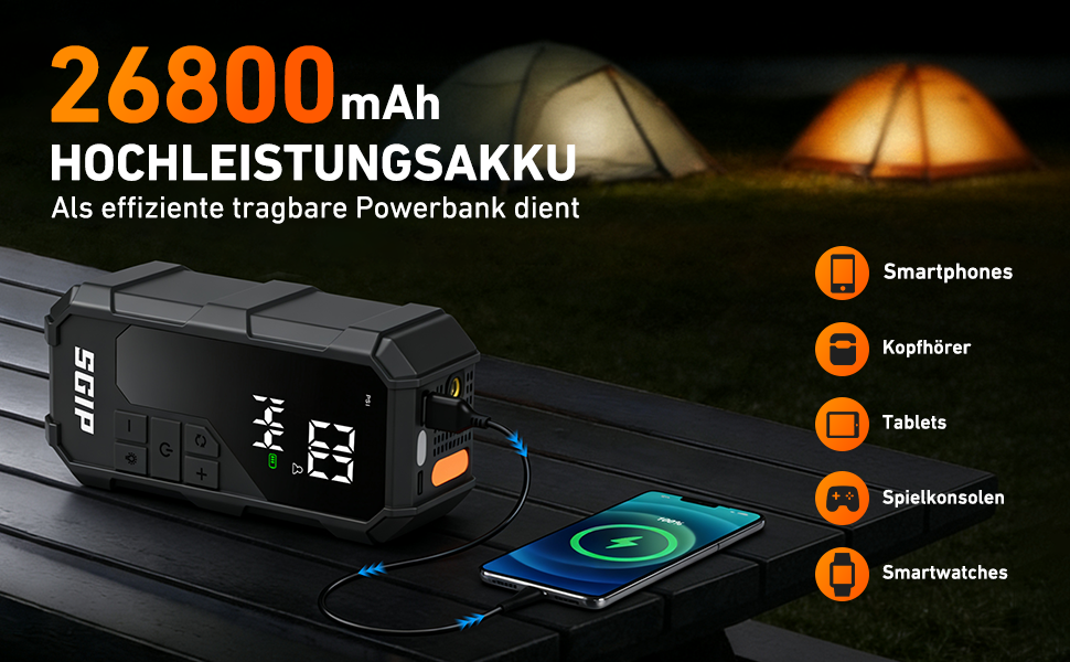 Powerbank-пусковий пристрій 26800mAh Starthilfe 7000A для автомобілів з компресором та ліхтариком, сумісний з бензиновими та дизельними двигунами (до 8.0L)