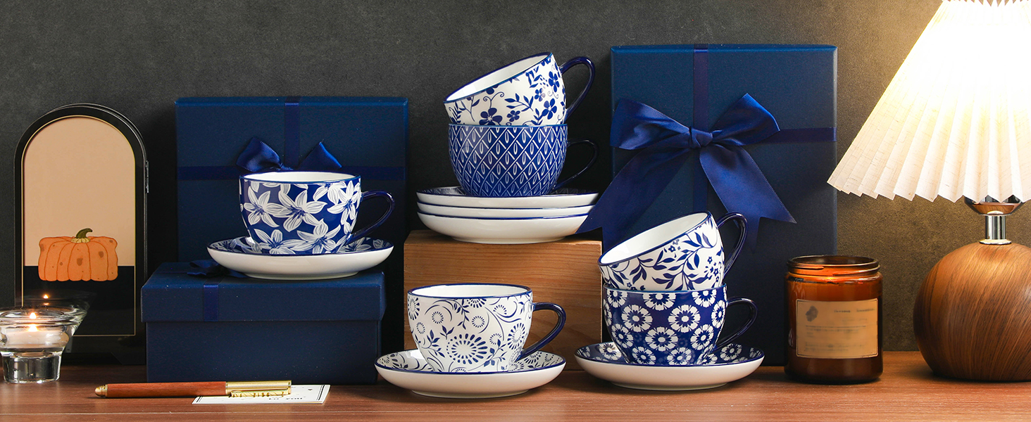 Набір кавових чашок Vancasso Selene, 6 шт., 360 мл, блакитно-білий вінтажний дизайн, для кави, молока, чаю та какао