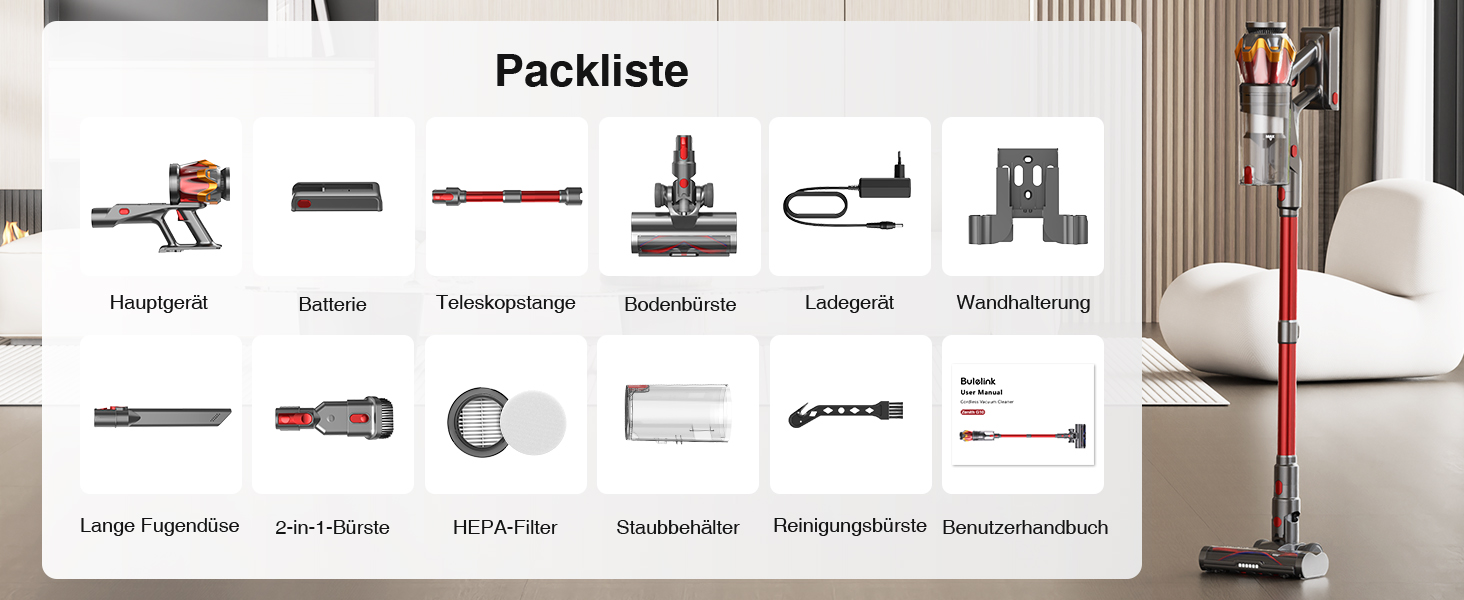 Бездротовий акумуляторний пилосос 45000Pa/550W/65хв, об'єм 1,6л з дисплеєм, антизаплутана щітка, самостійна підставка, док-станція на стіну, 8-шарова фільтрація, тиха робота, для шерсті тварин/килимів/твердих поверхонь/автомобіля (Червоний)