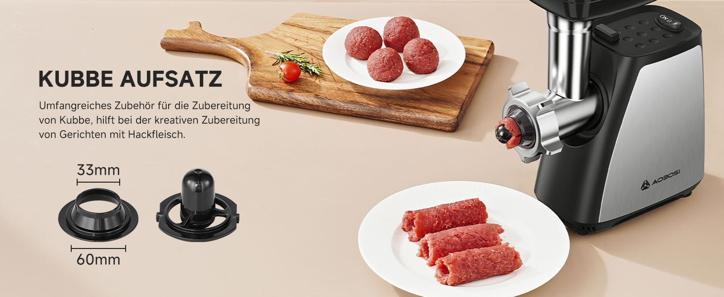 М'ясорубка електрична AAOBOSI 3-в-1, 2800 Вт, нержавіюча сталь: з насадками для ковбас та кубебе, 2 ножі, 3 решітки для дому