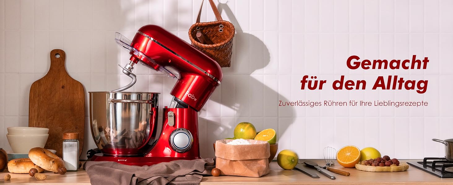 Кухонний комбайн Kitchen in the box Fab-Serie 6L: потужний планетарний міксер 1300 Вт, 10 швидкостей, з набором насадок (гак, вінчик, міксер), червоний