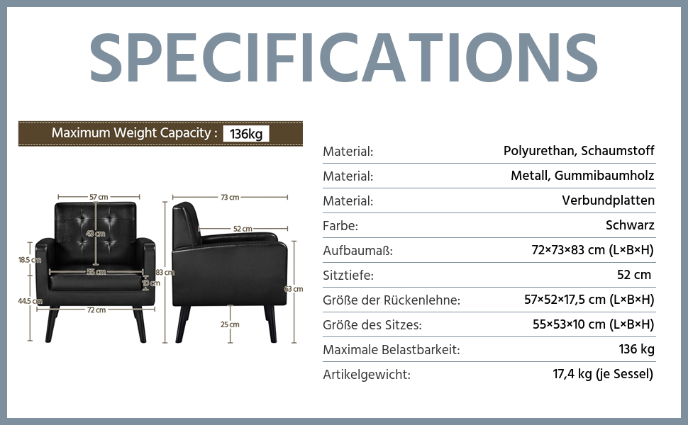 Крісло-мішок Yaheetech з підлокітниками, чорне, з поліуретану, до 136 кг