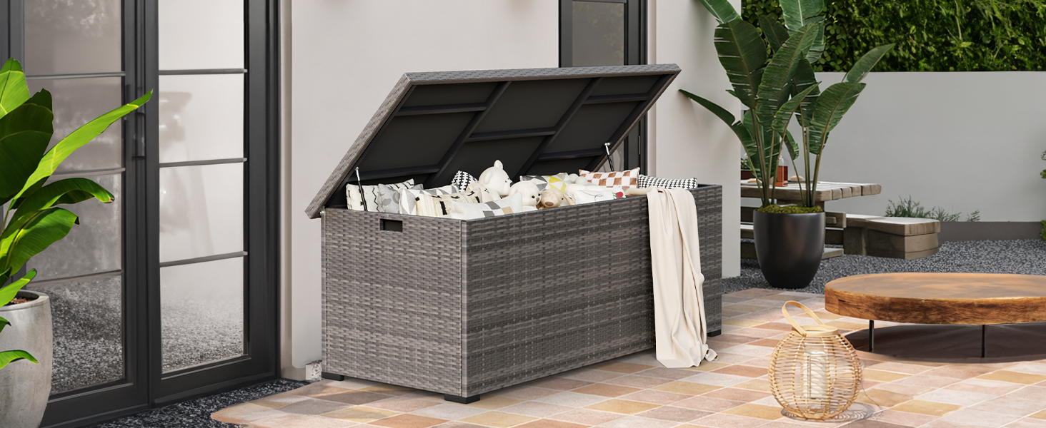 Водонепроникний садовий ящик Amopatio Gartenbox 650л з поліротангу для подушок, металевий ящик для зберігання з газліфтами для саду та балкону, сірий
