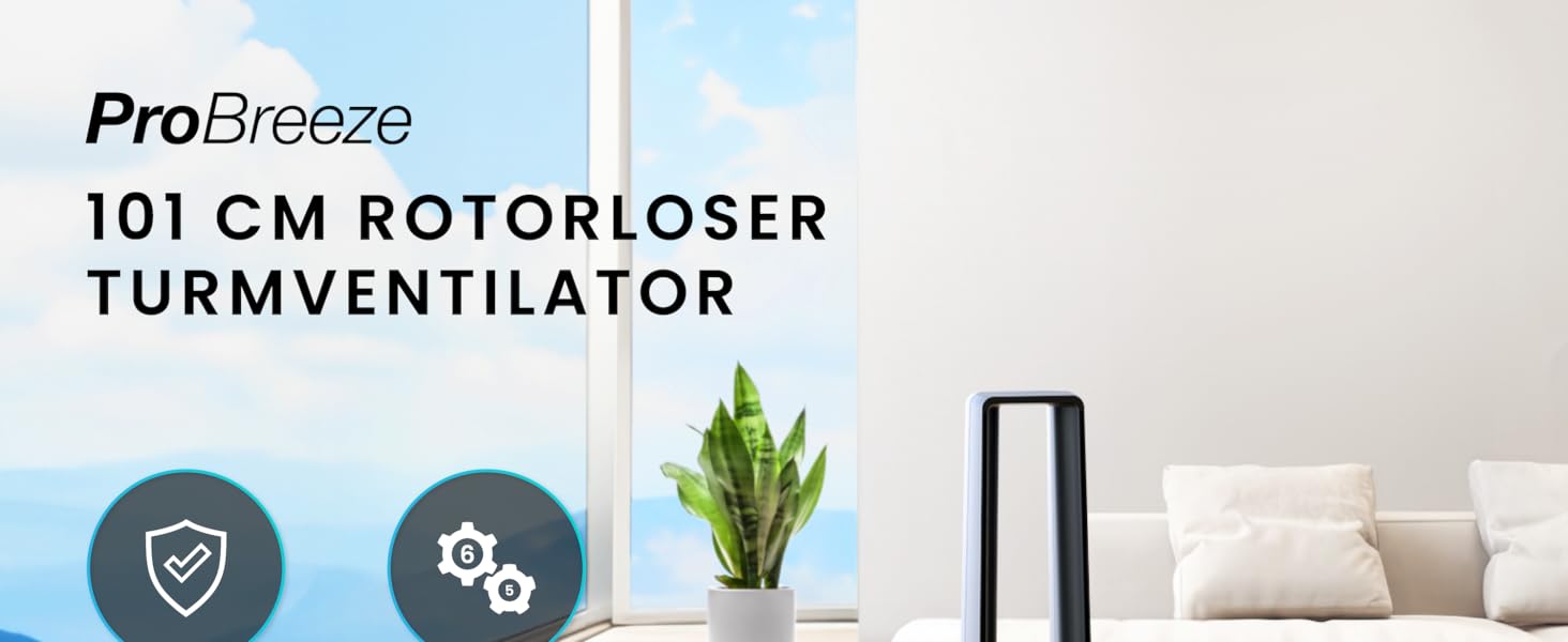 Pro Breeze Вентилятор без лопатей 101 см з LED дисплеєм та пультом - вежа, 6 швидкостей, 5 режимів, автоколивання 60°, таймер 7 годин, Smart App, чорний