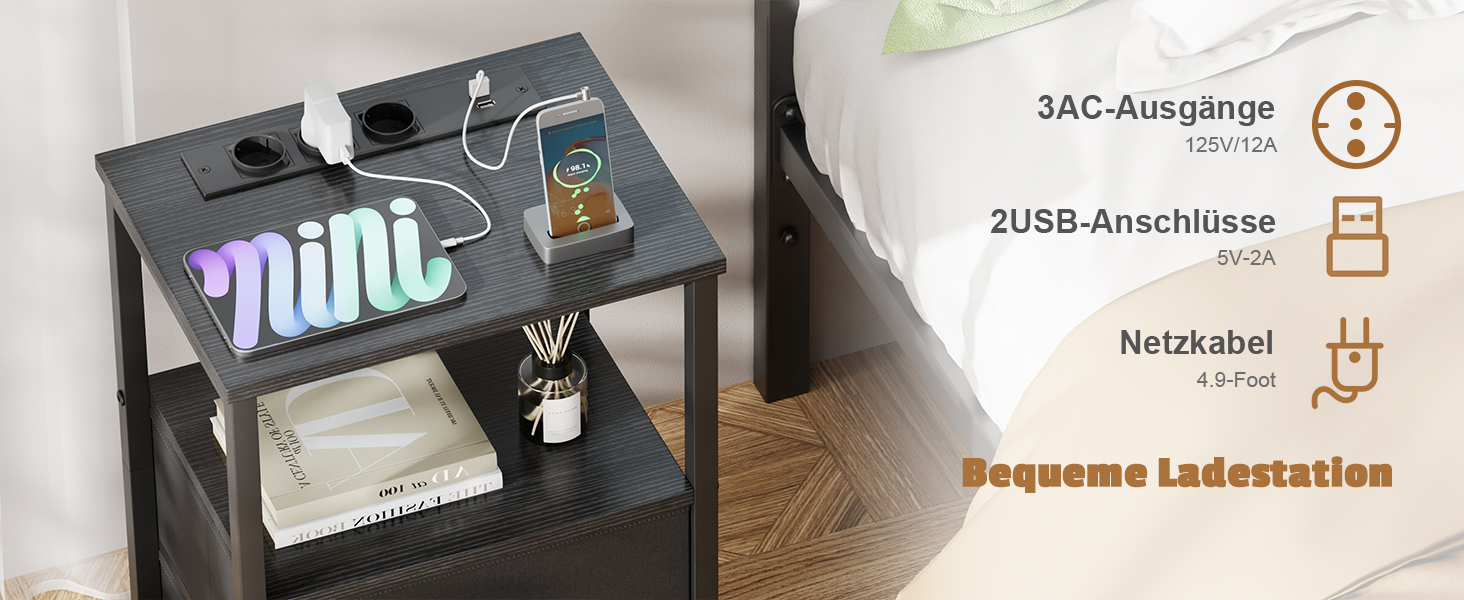 Нічний столик з LED-підсвічуванням та функцією зарядки, з ящиком, 3 розетки AC та USB-порти, для вітальні та спальні (40T x 30B x 60H cm, Чорний)