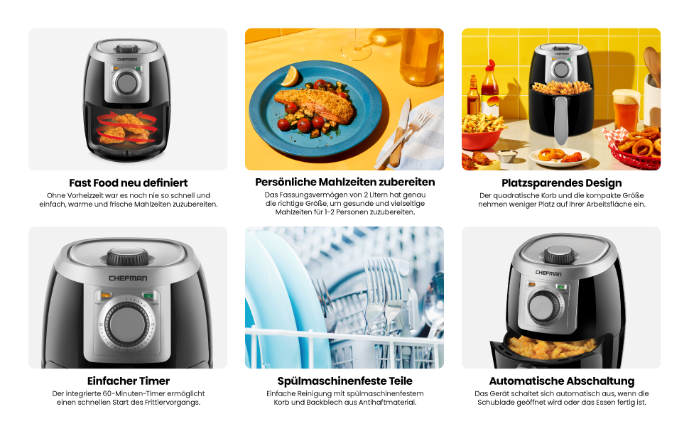 Фритюрниця Chefman 2L: компактна, чорна, з антипригарним кошиком та цифровим таймером