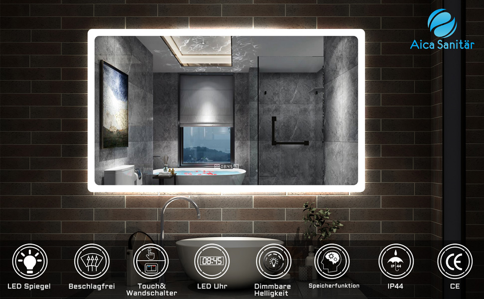 Дзеркало для ванної кімнати Aica з LED-підсвічуванням 50x70 см, годинник, сенсорне управління, запобігання запотіванню, IP44, холодне біле світло, енергозбереження