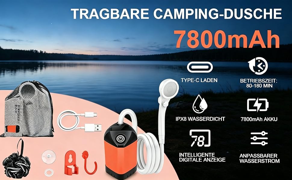 Портативний кемпінговий душ B013 з акумулятором 7800mAh, USB-C, 3-рівневою лійкою та LED-дисплеєм температури, водонепроникний, помаранчевий