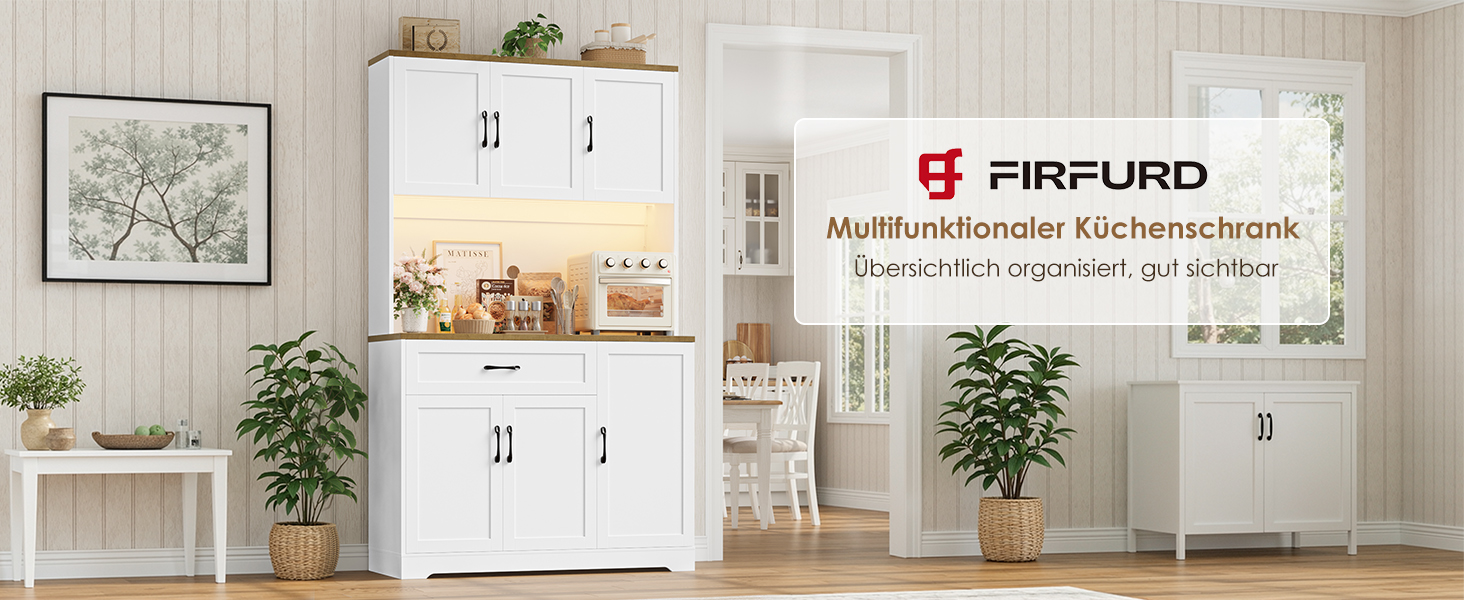 Кухонний буфет FirFurd 180 см з LED-підсвіткою, полицею для спецій та розетками, білий (180x100x38 см)