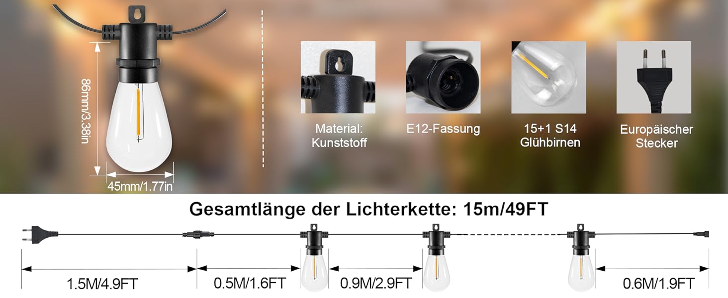 BRIMAX LED гірлянда для вулиці, 30м, 220-240V, IP44, 46+4 лампочки G40 E12 1W, 2200K, розширювана, для кемпінгу, ярмарку, саду, вечірки