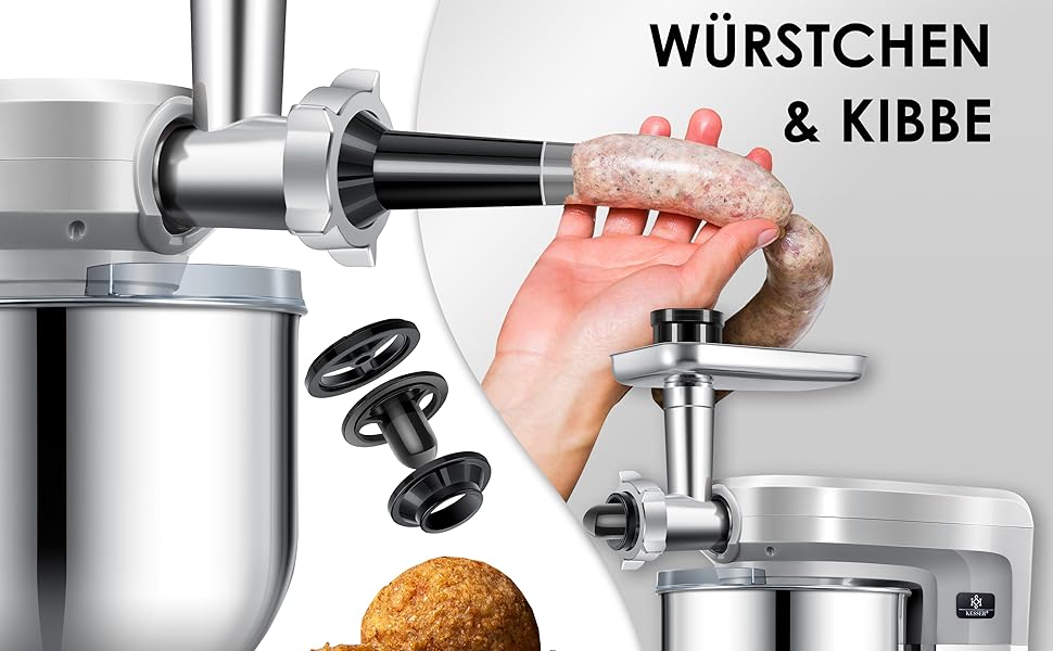 Кухонна машина KESSER 3 в 1 KM 3000 з м'ясорубкою, міксером та соковитискачем, 5.5л чаша, набір аксесуарів для пасти та випічки (срібна)