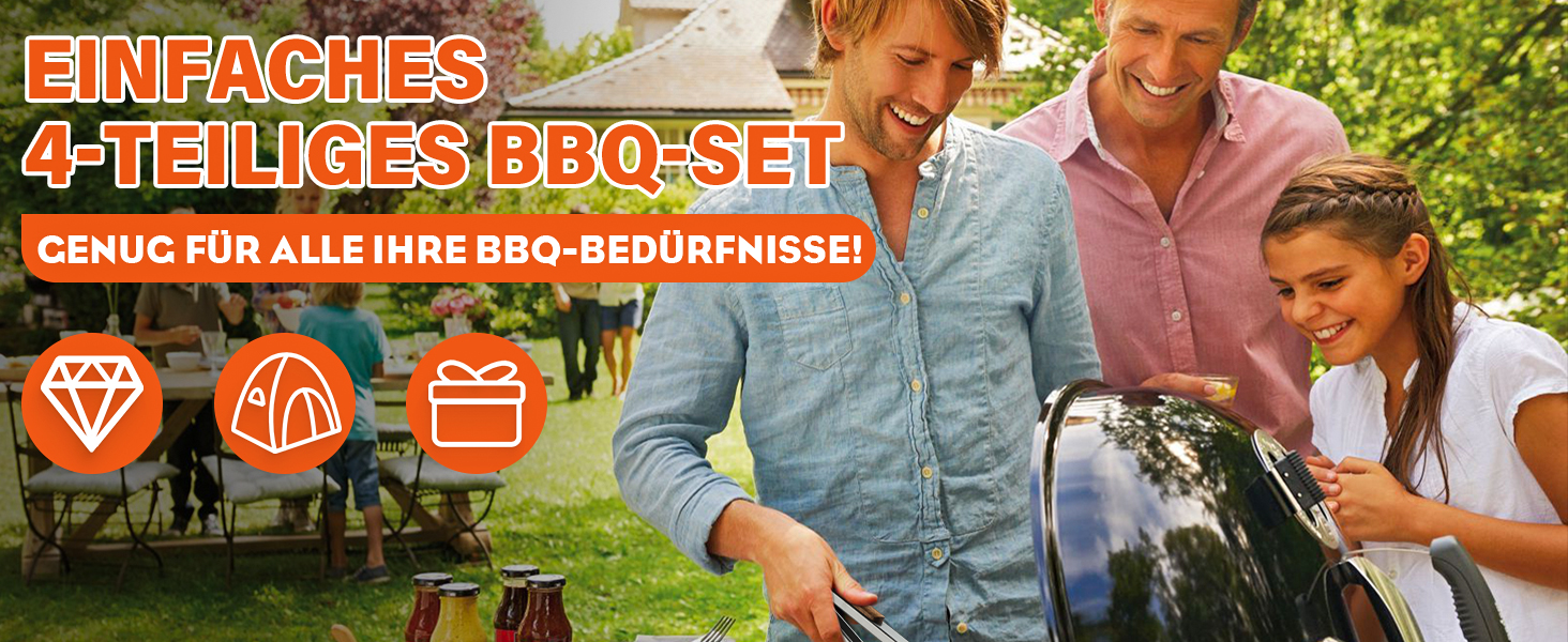 Набір гриля TIVOLI 4-частини з нержавіючої сталі з дерев'яними ручками: щипці, лопатка, щітка, виделка. Ідеальний подарунок для гриля та барбекю.