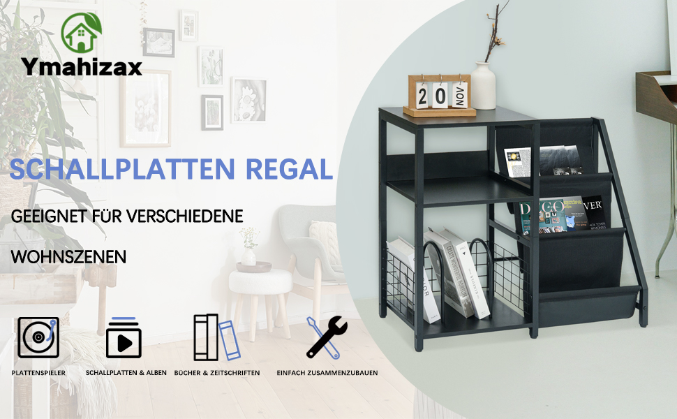 Стійка для програвача вінілу з 3-ярусним зберіганням для 200 альбомів, металевий каркас, CD та Record шафа, стійка для програвача та дерев'яна шафа для платівок для вітальні, кімнати відпочинку