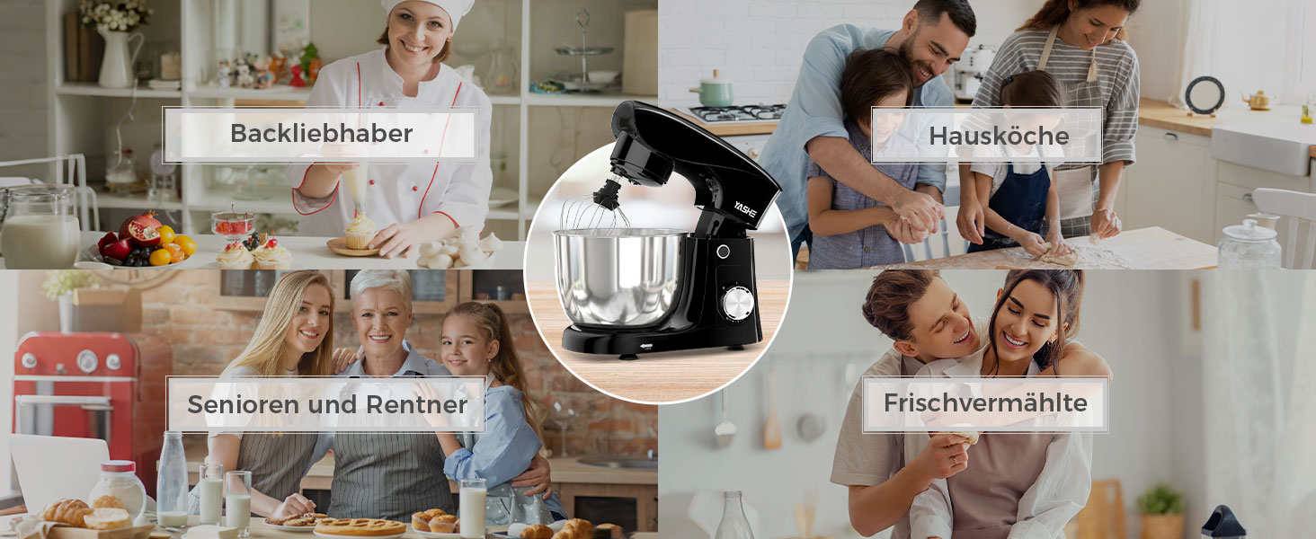 Кухонна машина YASHE 1500W з 2 чашами (4,5L та 5L), 10 швидкостей, нахилений корпус, з гаком для тіста, вінчиком та набором насадок, мультифункціональна