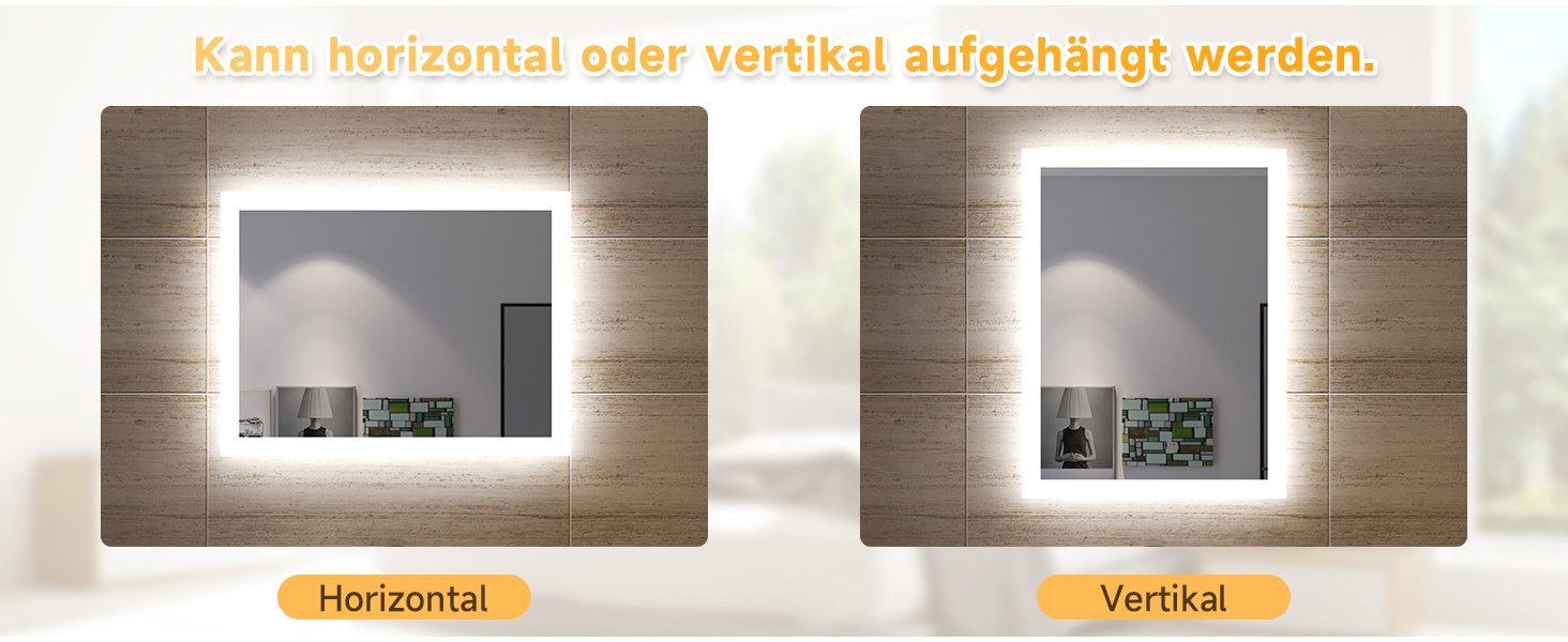 LED дзеркало для ванної кімнати SONNI 60x50 см з підсвічуванням, IP44, вертикальна/горизонтальна установка