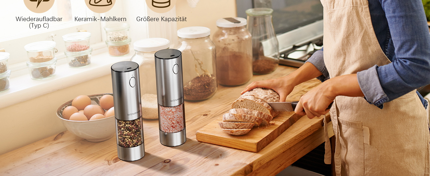 Електричні соляні та перечні млини WONMAKE з регульованим керамічним жорном, USB-зарядка, LED-підсвічуванням, великим об'ємом, з нержавіючої сталі