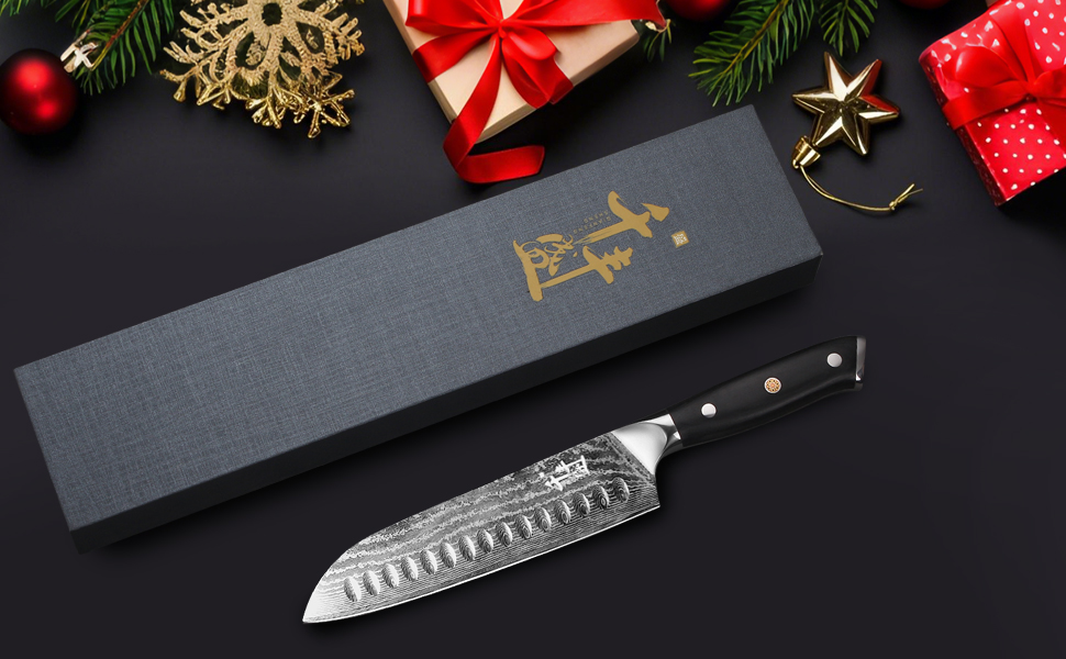 Дамаскенський сантоку 18 см - професійний ніж для кухні з дерев'яною ручкою, високовуглецева сталь, VG10, нержавіюча сталь
