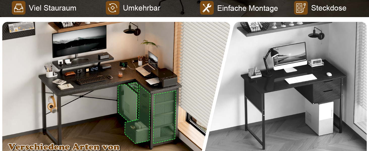 Кутовий стіл Devoko з 4 ящиками з тканини, 2 розетками та 2 USB-портами, для дому та офісу, ігор, білий, 140x80 см