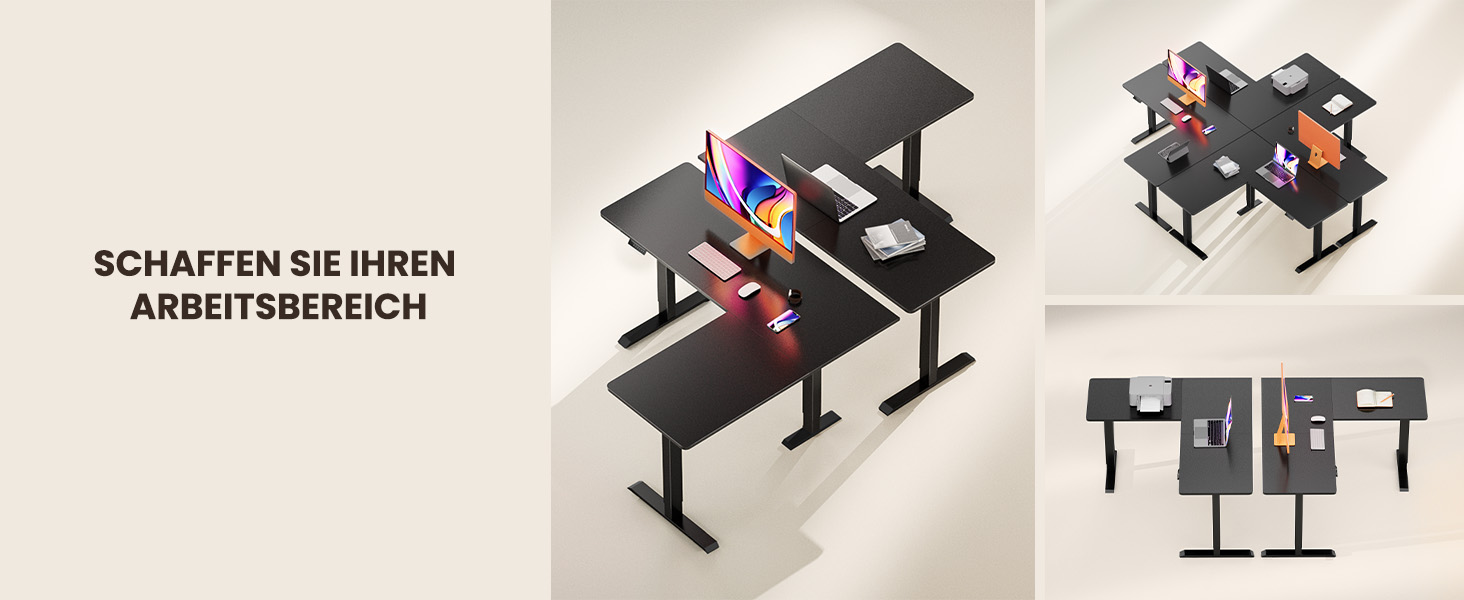 ЕрГер: Кутовий електричний стіл з регулюванням висоти, L-подібний, з індивідуальним мотором, 4-пам'ять, білий (160 x 140 см, чорний)