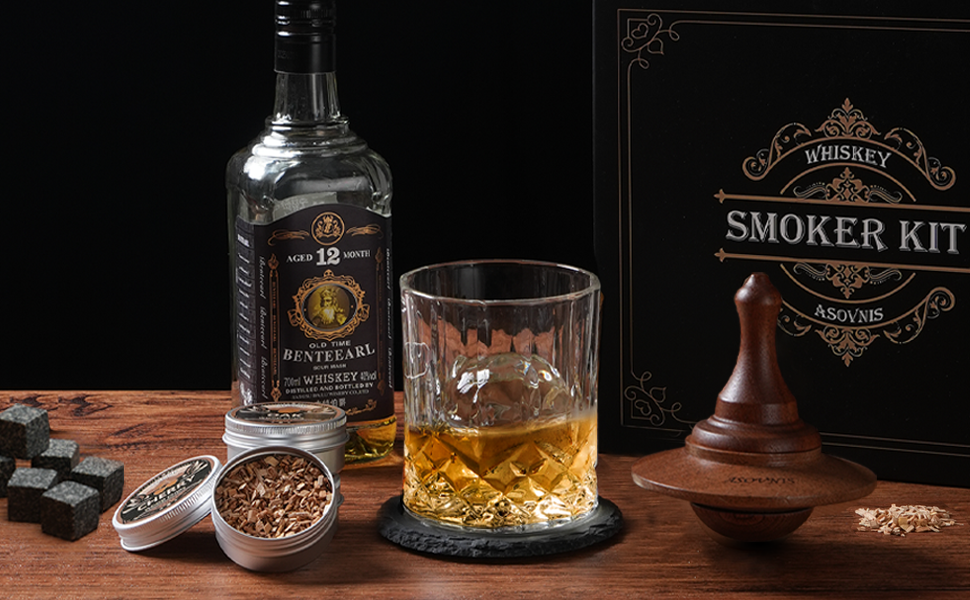 Набір для копчення віскі з факелом, 6 смаків, тріски, 2 склянки, 6 контейнерів для віскі, набір для коктейлів, набір для копчення напоїв, подарунок на день народження для Бурбон-віскі для чоловіків (без бутану)