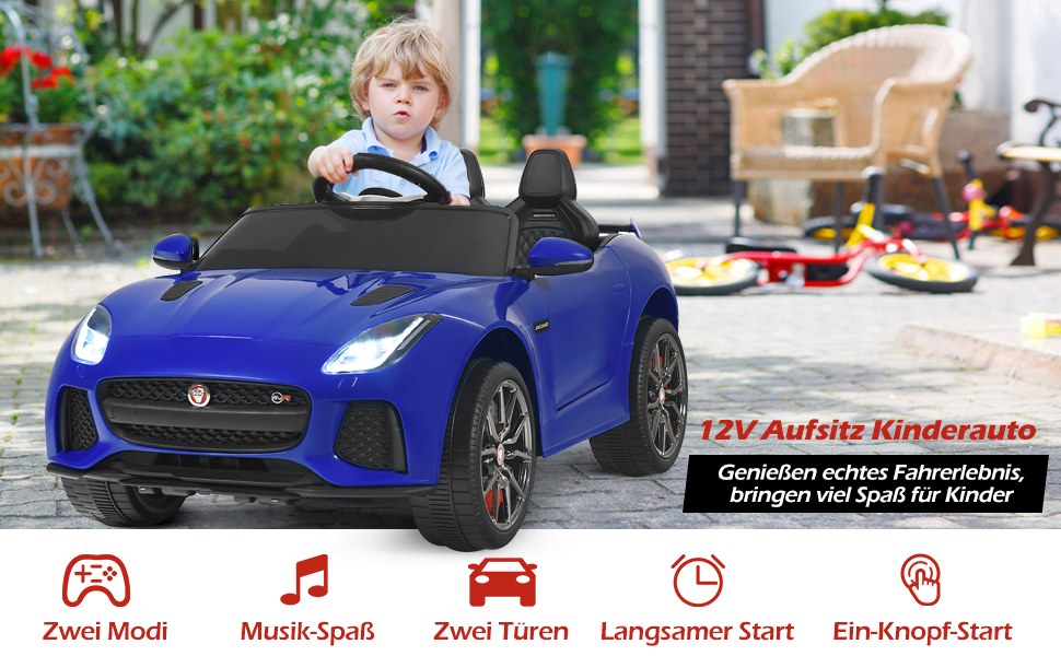 Електромобіль для дітей COSTWAY Jaguar, 12V, з музикою, історіями, сигналом та фарами, з дистанційним керуванням, швидкість 3-5 км/год, для дітей від 3 років, синій