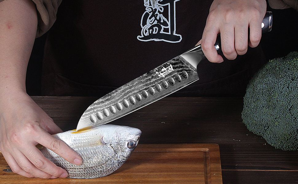 Дамаскенський сантоку 18 см - професійний ніж для кухні з дерев'яною ручкою, високовуглецева сталь, VG10, нержавіюча сталь