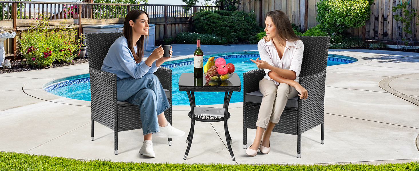 Набір меблів для балкона LIFERUN 3 шт. з ротангу, подушками та склом, чорний