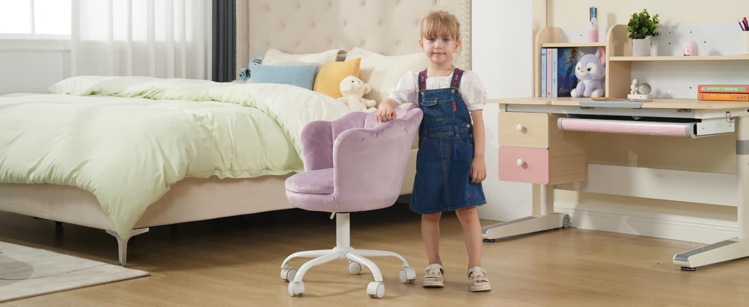 Дитячий стіл для письма Kinder Schreibtischstuhl - регульований, поворотний, з м'якою оббивкою з велюру, квітка, для дівчаток, фіолетовий