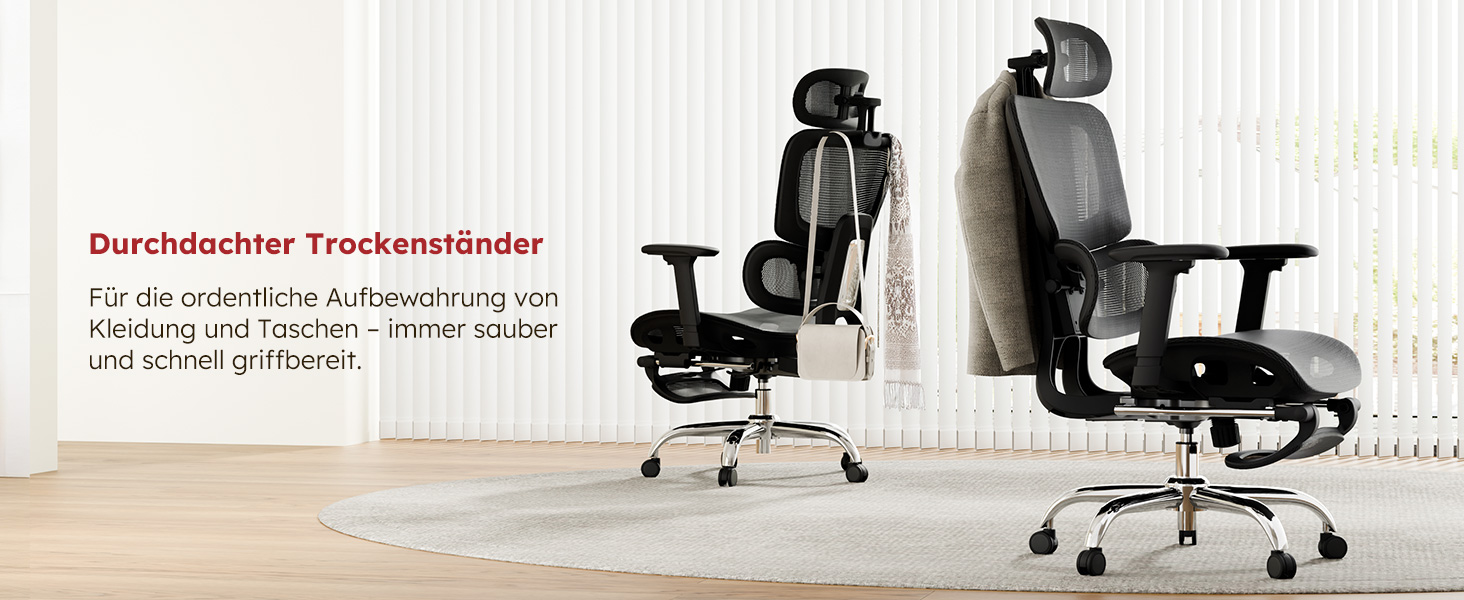 Ергономічне крісло для офісу Voll-Mesh з підголівником, підставкою для ніг, регульованою спинкою, підлокітниками, автоматичною поперековою підтримкою, PU-колесами, поворотним на 360°, до 150 кг, чорне