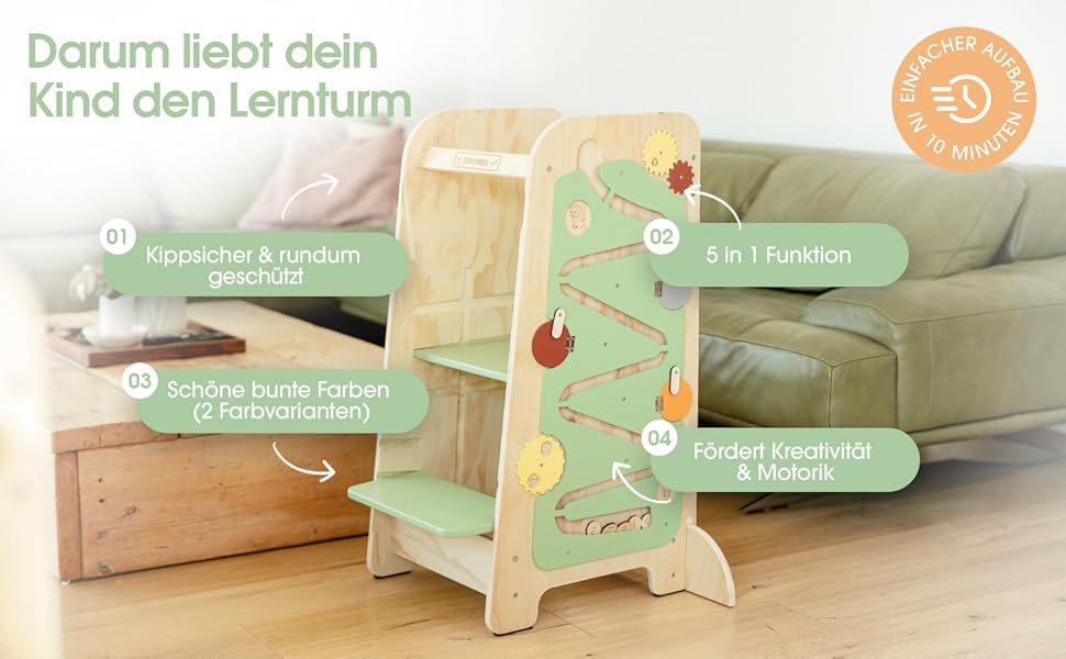 Дитячий навчальний столик-лесенка EXPLORER Kids® 5-в-1 | Монтессорі | Регульована висота, захист від перекидання | Розвиває моторику, вивчення чисел та форм | Дерев'яний, білий та салатовий | Від 1 року