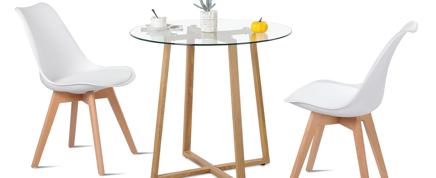 Обідній стіл HJ WeDo з 2 стільцями, круглий скляний стіл у скандинавському стилі, білий, для балкону, вітальні та їдальні