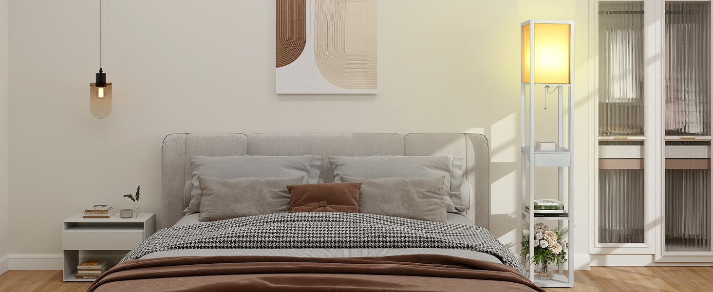 Торшер Fullwatt з дерев'яною поличкою та внутрішньою підсвіткою для спальні та вітальні, білий колір