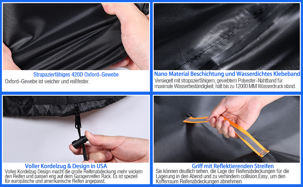 Чохол для коліс автомобіля, великий, міцний, 420D, універсальний, на 4 колеса, з блискавкою, вологостійкий, з світловідбиваючими смугами (Ø 84 см x H 120 см), чорний